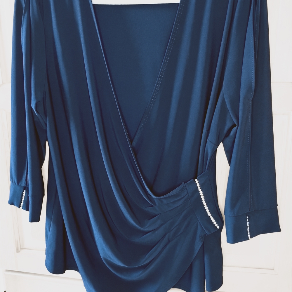 R&M Richards Deep Blue Draped Women's Rhinestone Embellished Top - Picture 4 of 7